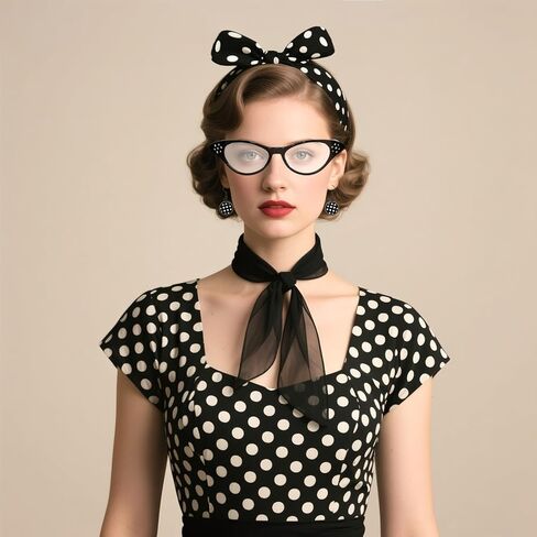 Bcxfbxd 7 Pcs 50's Women Costume Accessories Set Cat Eye Glasses Scarf Bandana Headband Drop Dot Earrings for Party Halloween in Saudi Arabia