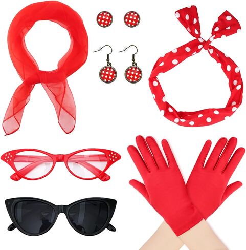 Bcxfbxd 7 Pcs 50's Women Costume Accessories Set Cat Eye Glasses Scarf Bandana Headband Drop Dot Earrings for Party Halloween in Saudi Arabia