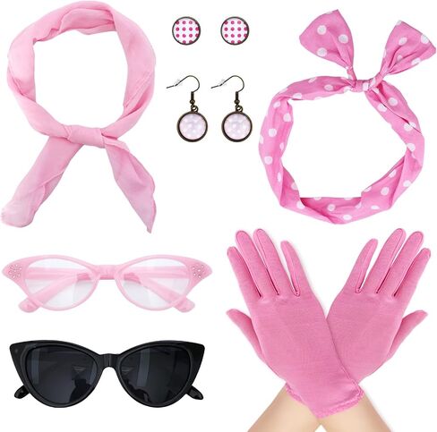 Bcxfbxd 7 Pcs 50's Women Costume Accessories Set Cat Eye Glasses Scarf Bandana Headband Drop Dot Earrings for Party Halloween in Saudi Arabia