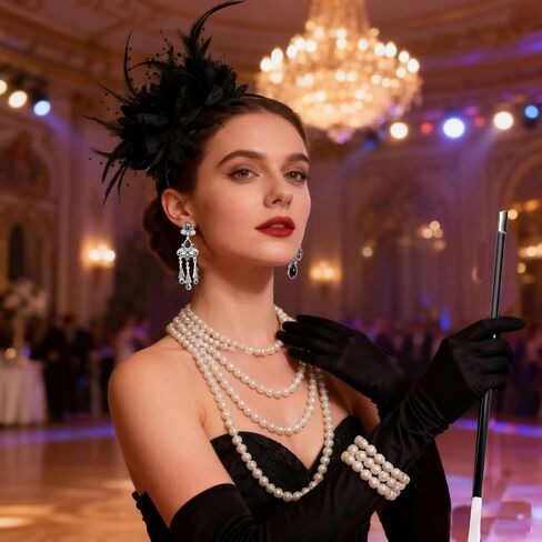 إكسسوارات ZhengYuFa 1920s للنساء، مجموعة عصابة رأس من الريش موضة العشرينات، قلادة من اللؤلؤ والمجوهرات وقضيب سجائر باللون الأسود in Kuwait