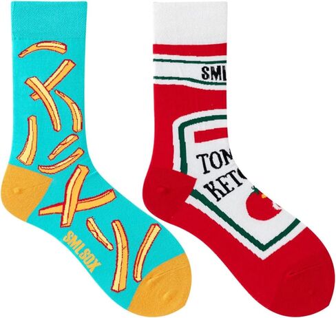 Fun Cotton Mid-Calf Socks - Creative Tomato & French Fry Print Couple Socks with Asymmetric AB Letter Design, Unisex Style in Saudi Arabia