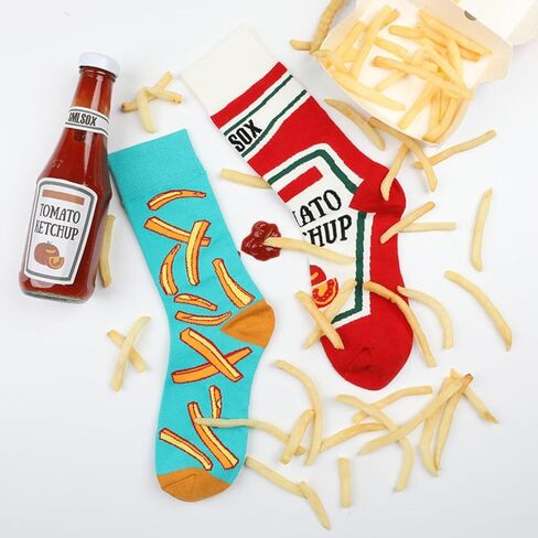 Fun Cotton Mid-Calf Socks - Creative Tomato & French Fry Print Couple Socks with Asymmetric AB Letter Design, Unisex Style in Saudi Arabia