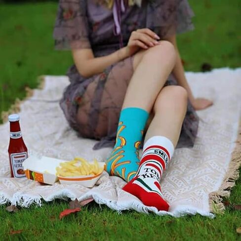 Fun Cotton Mid-Calf Socks - Creative Tomato & French Fry Print Couple Socks with Asymmetric AB Letter Design, Unisex Style in Saudi Arabia