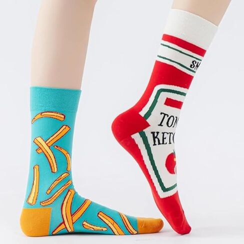 Fun Cotton Mid-Calf Socks - Creative Tomato & French Fry Print Couple Socks with Asymmetric AB Letter Design, Unisex Style in Saudi Arabia