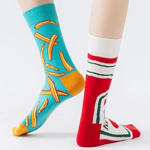 Fun Cotton Mid-Calf Socks - Creative Tomato & French Fry Print Couple Socks with Asymmetric AB Letter Design, Unisex Style in Saudi Arabia