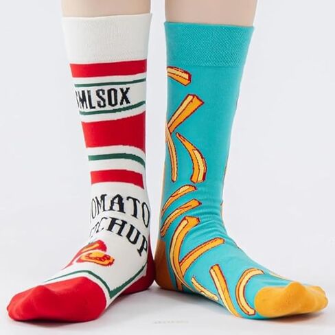 Fun Cotton Mid-Calf Socks - Creative Tomato & French Fry Print Couple Socks with Asymmetric AB Letter Design, Unisex Style in Saudi Arabia