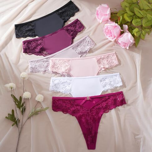 6-Pack Women Lace Floral Thong, Low Rise Seamless Soft Stretch T-Back Underwear, Ladies No Show Breathable Bikini in Saudi Arabia
