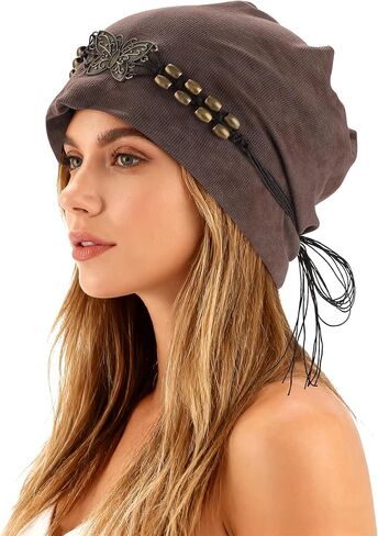 AWAYTR Slouchy Beanie Hat for Women - Retro Turban Hat with Metal Butterfly Beads Skull Caps Vintage Y2K Fashion Style in Saudi Arabia