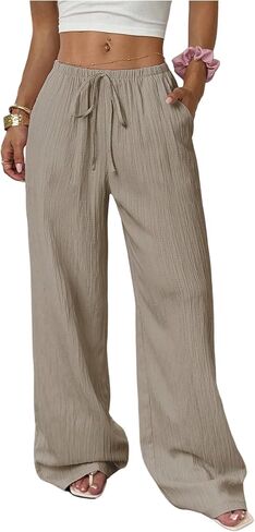 RoseSeek Women's Drawstring Waist Wide Leg Pants Low Rise Beach Holiday Loose Trousers with Pockets in Kuwait