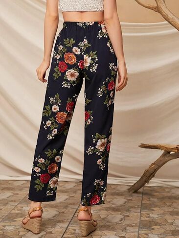 Women's High Waisted Navy Retro Rose Print Cropped Pants - Tie Waist Loose Casual Straight-Leg Trousers in Saudi Arabia