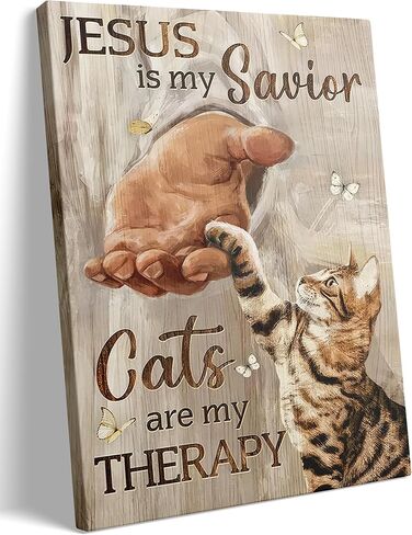 Jesus Cat Christian Canvas Wall Art The Hand of God Inspiring Painting Picture Wall Decor Cats are My THERAPY Poster Print Artwork for Church Prayer Room Living Room Bedroom Home Decoration in Saudi Arabia