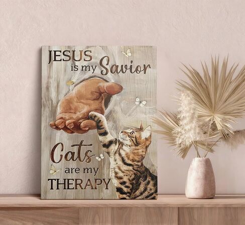 Jesus Cat Christian Canvas Wall Art The Hand of God Inspiring Painting Picture Wall Decor Cats are My THERAPY Poster Print Artwork for Church Prayer Room Living Room Bedroom Home Decoration in Saudi Arabia