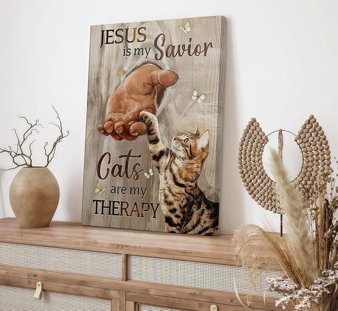 Jesus Cat Christian Canvas Wall Art The Hand of God Inspiring Painting Picture Wall Decor Cats are My THERAPY Poster Print Artwork for Church Prayer Room Living Room Bedroom Home Decoration in Saudi Arabia