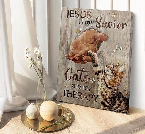 Jesus Cat Christian Canvas Wall Art The Hand of God Inspiring Painting Picture Wall Decor Cats are My THERAPY Poster Print Artwork for Church Prayer Room Living Room Bedroom Home Decoration in Saudi Arabia