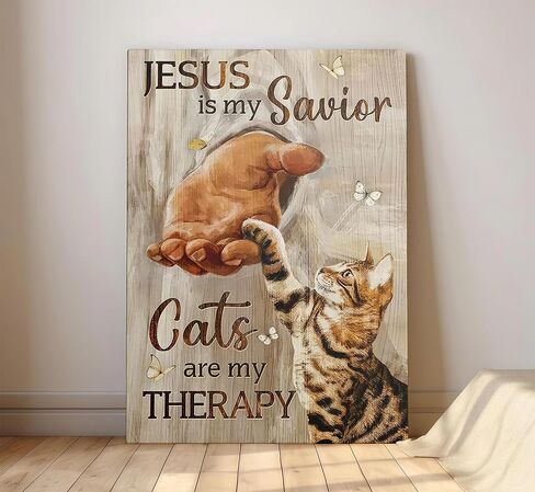 Jesus Cat Christian Canvas Wall Art The Hand of God Inspiring Painting Picture Wall Decor Cats are My THERAPY Poster Print Artwork for Church Prayer Room Living Room Bedroom Home Decoration in Saudi Arabia