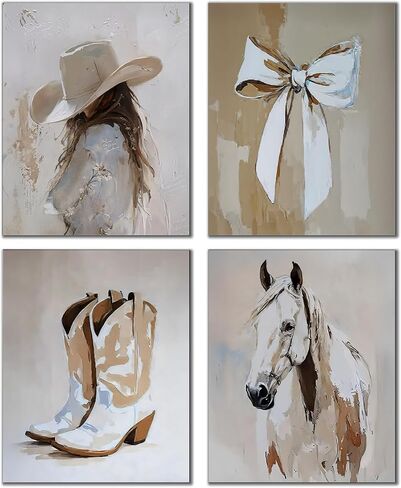 DOFQZ Western Coastal Cowgirl Wall Art Prints Set of 4, Coastal Cowgirl Room Decor, Neutral Country Western Coquette Bow Boots Horse Posters for Home Girls Bedroom Dorm Apartment Decor, 8x10 Unframed in Kuwait