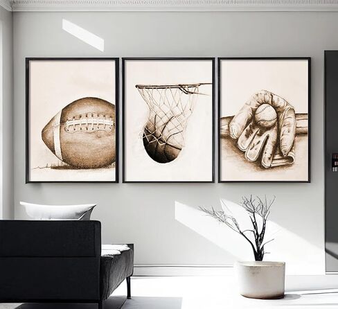 3Pcs Sports Wall Art Football Baseball Basketball Theme Painting Picture Wall Decor Vintage Sport Poster Print Artwork for Boy Room Playroom Bedroom Gameroom Home Decoration【UNFRAMED】 in Saudi Arabia
