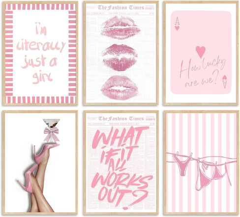Trendy Baby Pink Wall Art Vintage Newspaper Posters How Lucky Are We and Just a Girl Pictures Coastal Bikini Hot Girly Lips Preppy Y2K Aesthetic Painting Print Artwork for Girly Room Dorm, Unframed in Saudi Arabia