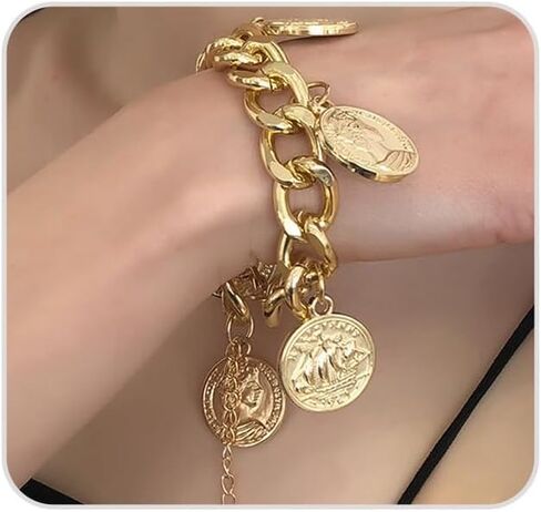 ROSASUENO Chunky Gold Plated Cuban Chain Bracelet Vintage Renaissance Relief Portrait Charm Bracelet Adjustable Punk Hip Hop Exaggerated Accessory in Saudi Arabia