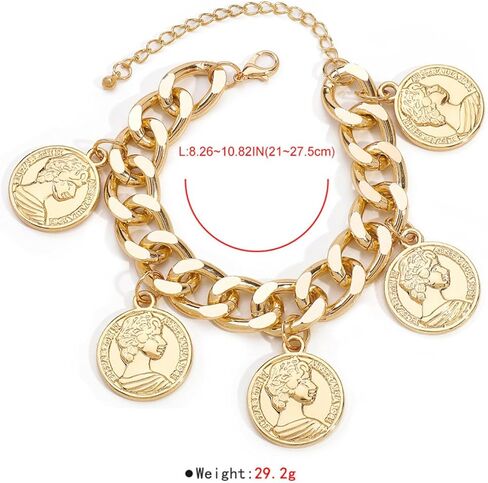 ROSASUENO Chunky Gold Plated Cuban Chain Bracelet Vintage Renaissance Relief Portrait Charm Bracelet Adjustable Punk Hip Hop Exaggerated Accessory in Saudi Arabia