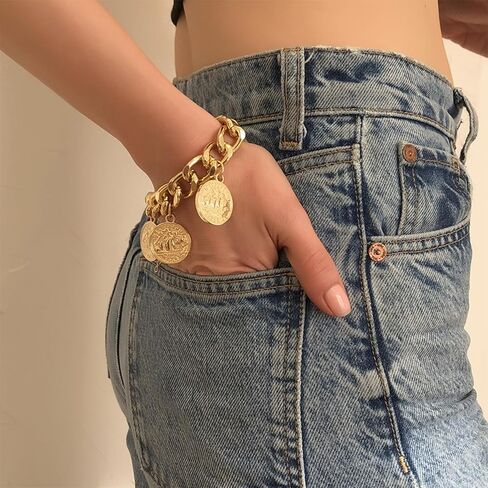 ROSASUENO Chunky Gold Plated Cuban Chain Bracelet Vintage Renaissance Relief Portrait Charm Bracelet Adjustable Punk Hip Hop Exaggerated Accessory in Saudi Arabia