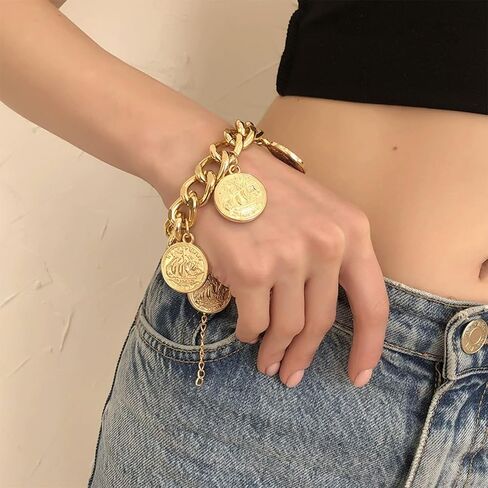 ROSASUENO Chunky Gold Plated Cuban Chain Bracelet Vintage Renaissance Relief Portrait Charm Bracelet Adjustable Punk Hip Hop Exaggerated Accessory in Saudi Arabia