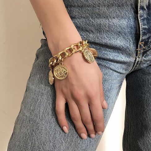 ROSASUENO Chunky Gold Plated Cuban Chain Bracelet Vintage Renaissance Relief Portrait Charm Bracelet Adjustable Punk Hip Hop Exaggerated Accessory in Saudi Arabia