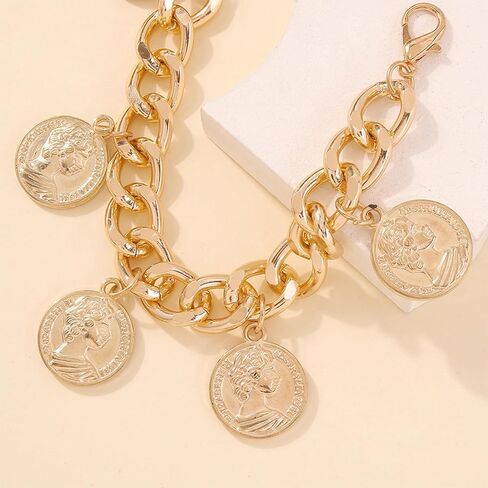 ROSASUENO Chunky Gold Plated Cuban Chain Bracelet Vintage Renaissance Relief Portrait Charm Bracelet Adjustable Punk Hip Hop Exaggerated Accessory in Saudi Arabia