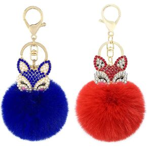 ZUOLUO فرو الأرنب الصناعي الكرة بوم بوم المفاتيح مع رأس الثعلب مرصع بحجر الراين اللؤلؤ للمرأة حقيبة سيارة مفتاح الديكور in Kuwait