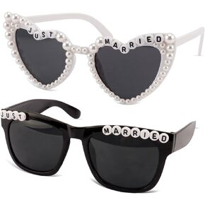 Srotmirw Just Married ديكورات 2 حزمة نظارات شمسية للعروس والعريس باللونين الأبيض والأسود لتزيين حفلات الزفاف المتزوجين فقط وإكسسوارات شهر العسل باللونين الأبيض والأسود in Kuwait