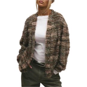 BEAUDRM Women's Striped Cardigan Sweater Y2k Fuzzy Cardigans Button Up V Neck Fuzzy Knit Sweater Fall Outfit in Saudi Arabia