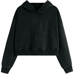BINTEHGS Plain Vintage Acid Wash Crop Top Hoodie for Women Oversized Cropped Workout Hoodies Solid Gym Hooded Sweatshirts in Kuwait