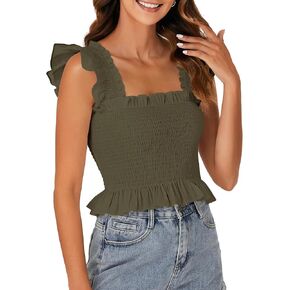 Rooscier Women's Square Neck Smocked Ruffle Cap Sleeve Cami Peplum Top in Saudi Arabia