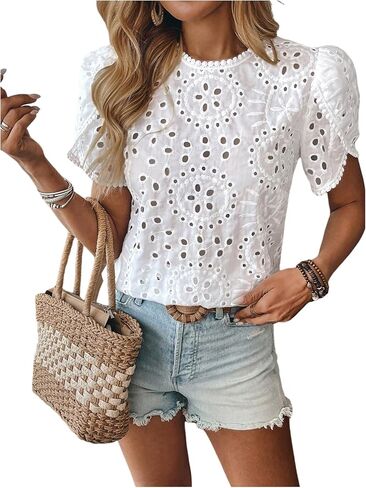 GORGLITTER Women's Eyelet Blouses Dressy Floral Embroidery Puff Short Sleeve Crochet Tops Shirts Trendy 2025 in Saudi Arabia