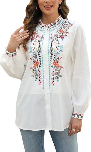AK المرأة المكسيكي بوهو المطرزة قمم طويلة الأكمام الفلاحين عارضة فضفاض الستر الخريف بلوزة قمصان للنساء in Saudi Arabia
