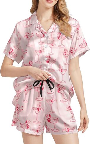 WELLINZER Satin Silk Pajamas for Women 2Pcs Collar Sleepwear Button Down Short Sleeve Shorts Pjs Set Loungewear in Saudi Arabia