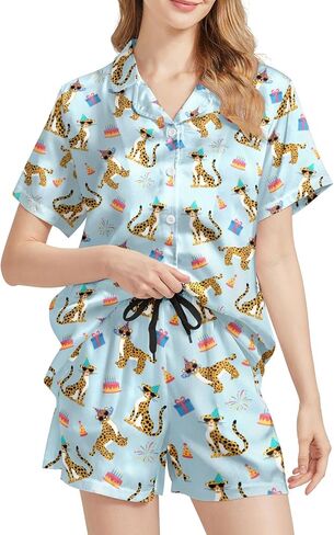 WELLINZER Satin Silk Pajamas for Women 2Pcs Collar Sleepwear Button Down Short Sleeve Shorts Pjs Set Loungewear in Saudi Arabia
