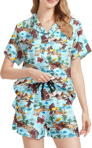 WELLINZER Satin Silk Pajamas for Women 2Pcs Collar Sleepwear Button Down Short Sleeve Shorts Pjs Set Loungewear in Saudi Arabia