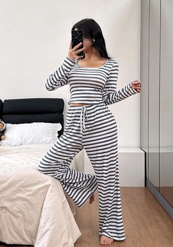 Pajamigols Pajamas for Women Set 2 Piece Stripes Lounge Sets Square Neckline Fall Travel Vacation Outfits Long Sleeve Pjs in Saudi Arabia