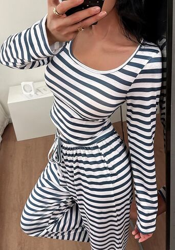 Pajamigols Pajamas for Women Set 2 Piece Stripes Lounge Sets Square Neckline Fall Travel Vacation Outfits Long Sleeve Pjs in Saudi Arabia