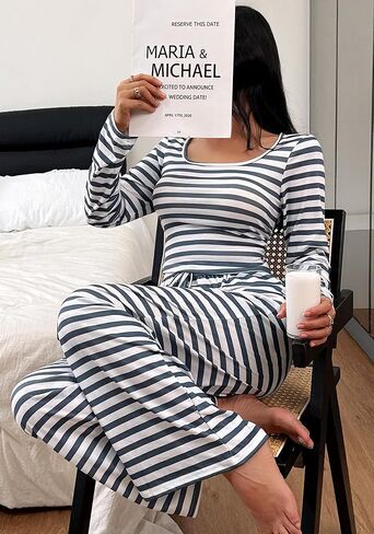 Pajamigols Pajamas for Women Set 2 Piece Stripes Lounge Sets Square Neckline Fall Travel Vacation Outfits Long Sleeve Pjs in Saudi Arabia