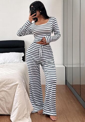 Pajamigols Pajamas for Women Set 2 Piece Stripes Lounge Sets Square Neckline Fall Travel Vacation Outfits Long Sleeve Pjs in Saudi Arabia