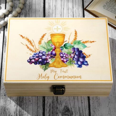 Seeloowy First Communion Wooden Box Keepsake Baptism Memory Box Gift First Holy Communion Jewelry Storage for Baptism Memory Keepsake， 8.5 x 6 x 3 inches(Classic Cross) in Saudi Arabia