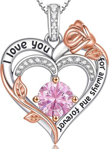 قلادات على شكل قلب من حجر الميلاد الوردي للنساء S925 من الفضة الاسترليني I Love You هدية مجوهرات للنساء في ذكرى عيد ميلاد الزفاف، هدايا عيد الأم للأم، الأم، الزوجة، الصديقة مع قلادة معلقة على شكل جوهرة الميلاد in Kuwait
