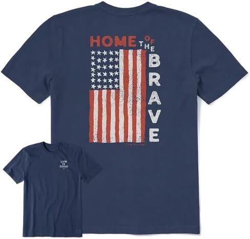 Life is Good. Men's Home of The Brave Raggedy Flag Short Sleeve Crusher Tee, Darkest Blue in Saudi Arabia