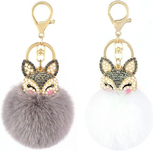 ZUOLUO Faux Rabbit Fur Ball Pom Pom Keychain with Fox Head Studded with Pearl Rhinestone for Womens Bag Car Key Decoration in Saudi Arabia