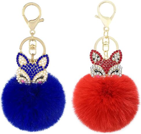 ZUOLUO فرو الأرنب الصناعي الكرة بوم بوم المفاتيح مع رأس الثعلب مرصع بحجر الراين اللؤلؤ للمرأة حقيبة سيارة مفتاح الديكور in Kuwait