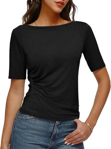 Women's Half Sleeve Boat Neck Shirts Ruched Side Slim Fit Basic Casual T Shirts Summer Casual Tee Tops in Saudi Arabia