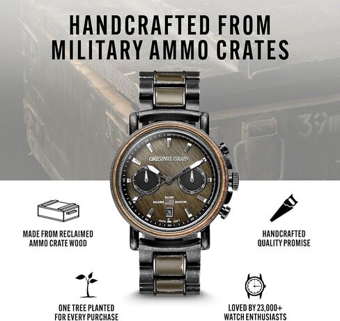 Original Grain Men's Military Ammo 42mm Analog Watch | Alterra Chrono Collection, Stonewashed Steel, Adjustable Watch Band | 10ATM Water-Resistant & Scratch-Resistant | Bracelet Wrist Watch for Men in Saudi Arabia
