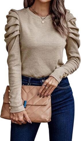 المرأة 2023 بلون البلوز القمم عادية Crewneck كم طويل نفخة الأكمام البلوزات الصلبة تونك قمصان أنيقة in Saudi Arabia